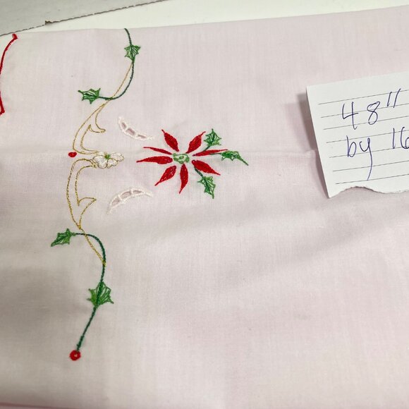 Vintage Hand-Embroidered Poinsettia Table Runner 48" X 16" White Cotton Red & Gr - Picture 4 of 11